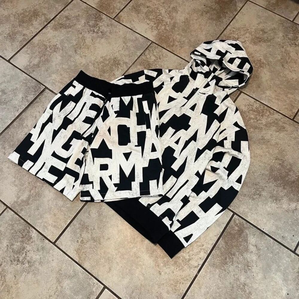 NWT Armani Exchange Allover Logo Half-Zip Hoodie & Shorts Tracksuit Black White